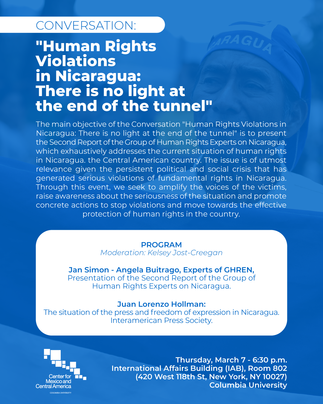 Flyer of event Conversation: "Human Rights Violations in Nicaragua: There is no light at the end of the tunnel"
