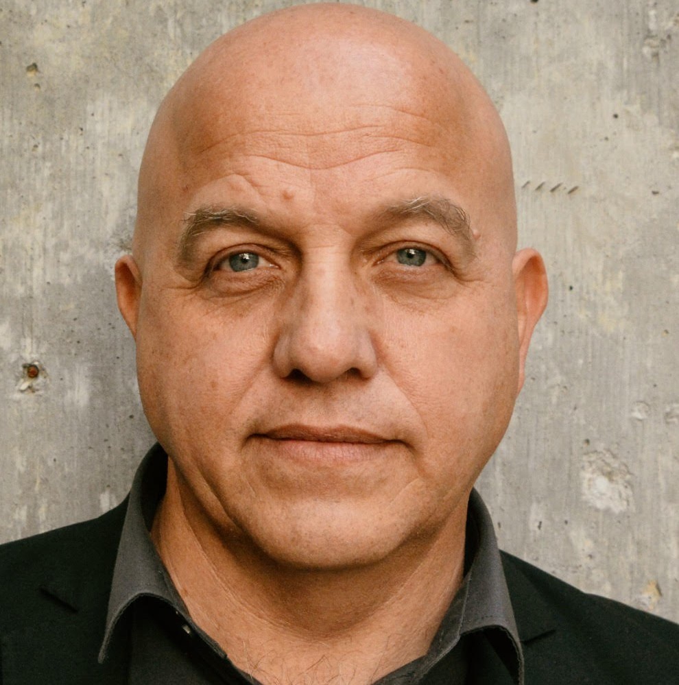 Alfonso is standing in front of a grey wall. He is wearing a dark grey shirt and a black blazer.