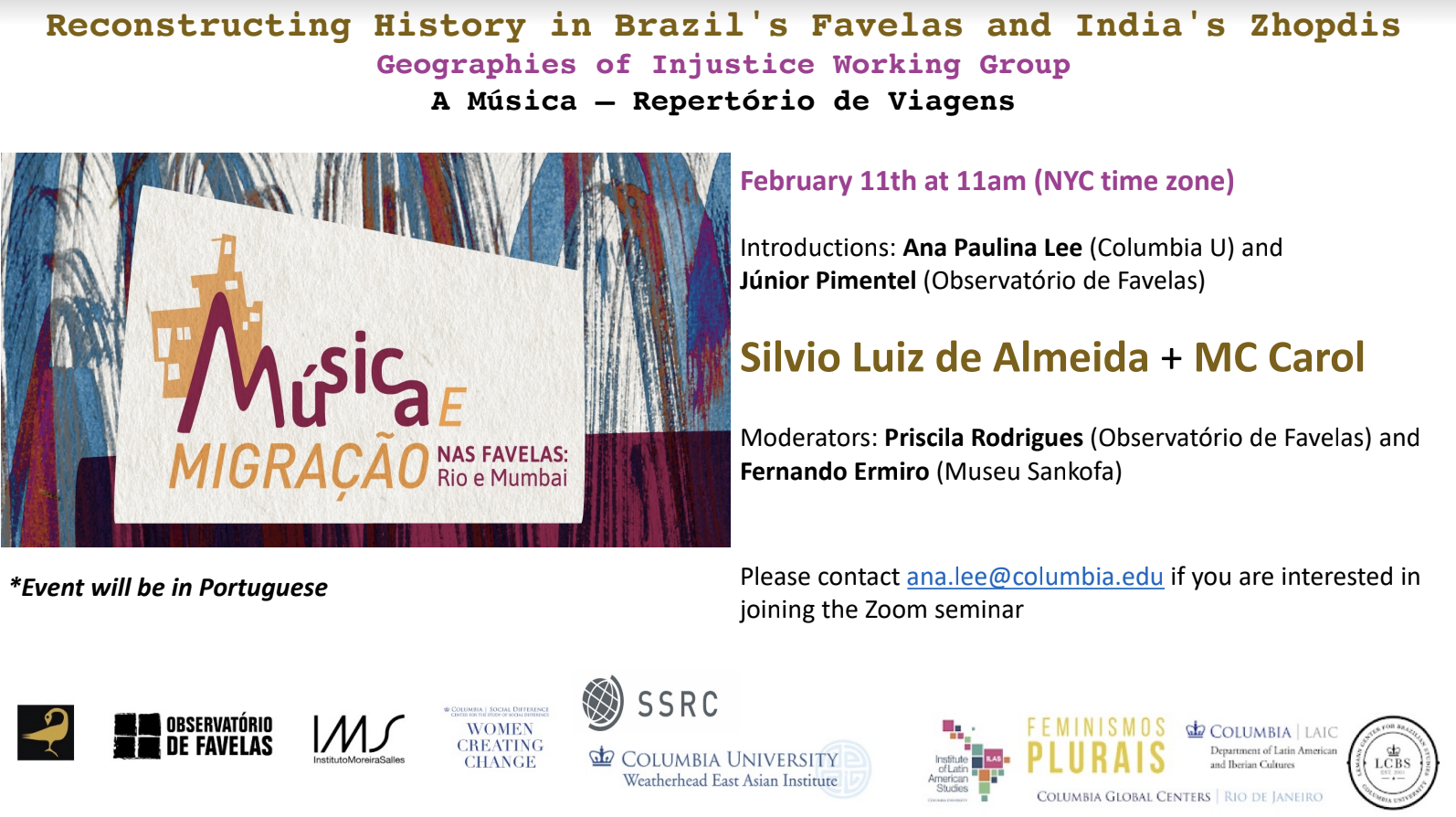 Event Title on White Background; Image of Musica e Migração nas favelas on left