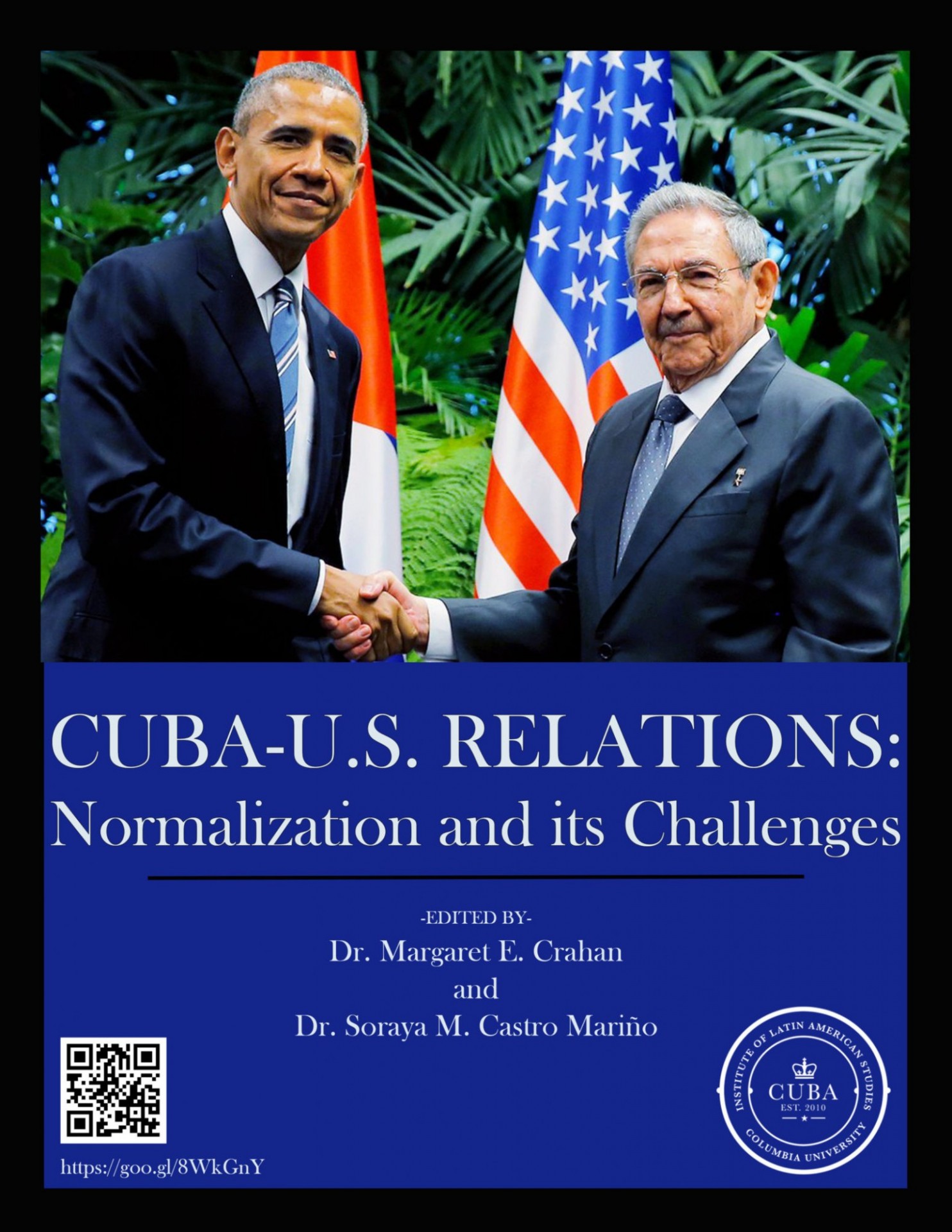 Presidents Barack Obama of the US and Raul Castro of Cuba locked in handshake while smiling at camera 