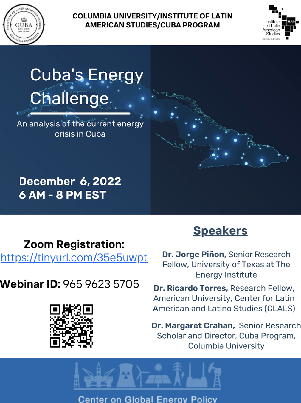 Event details on top of image of cuba with lights