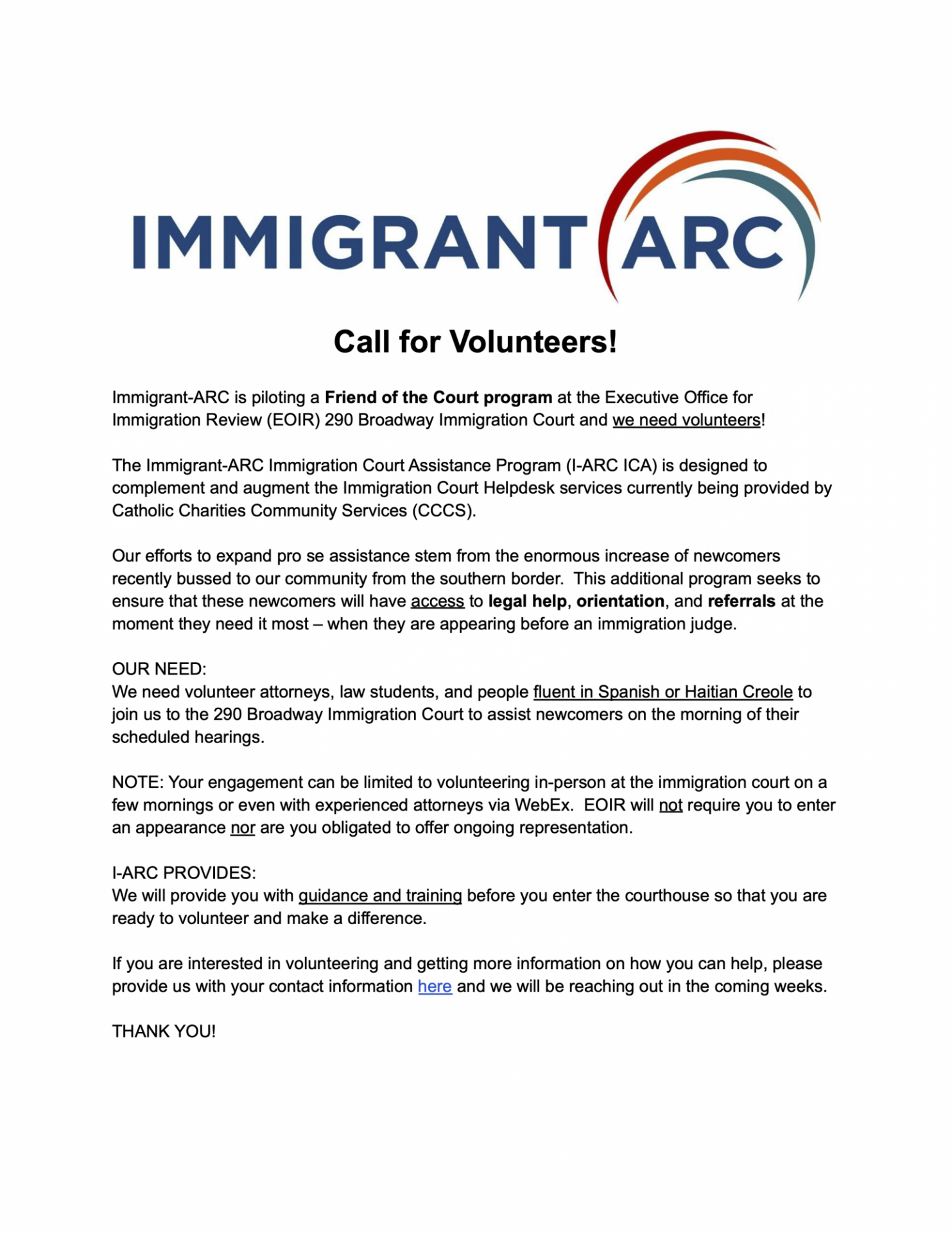 Immigrant ARC | Call to Volunteers