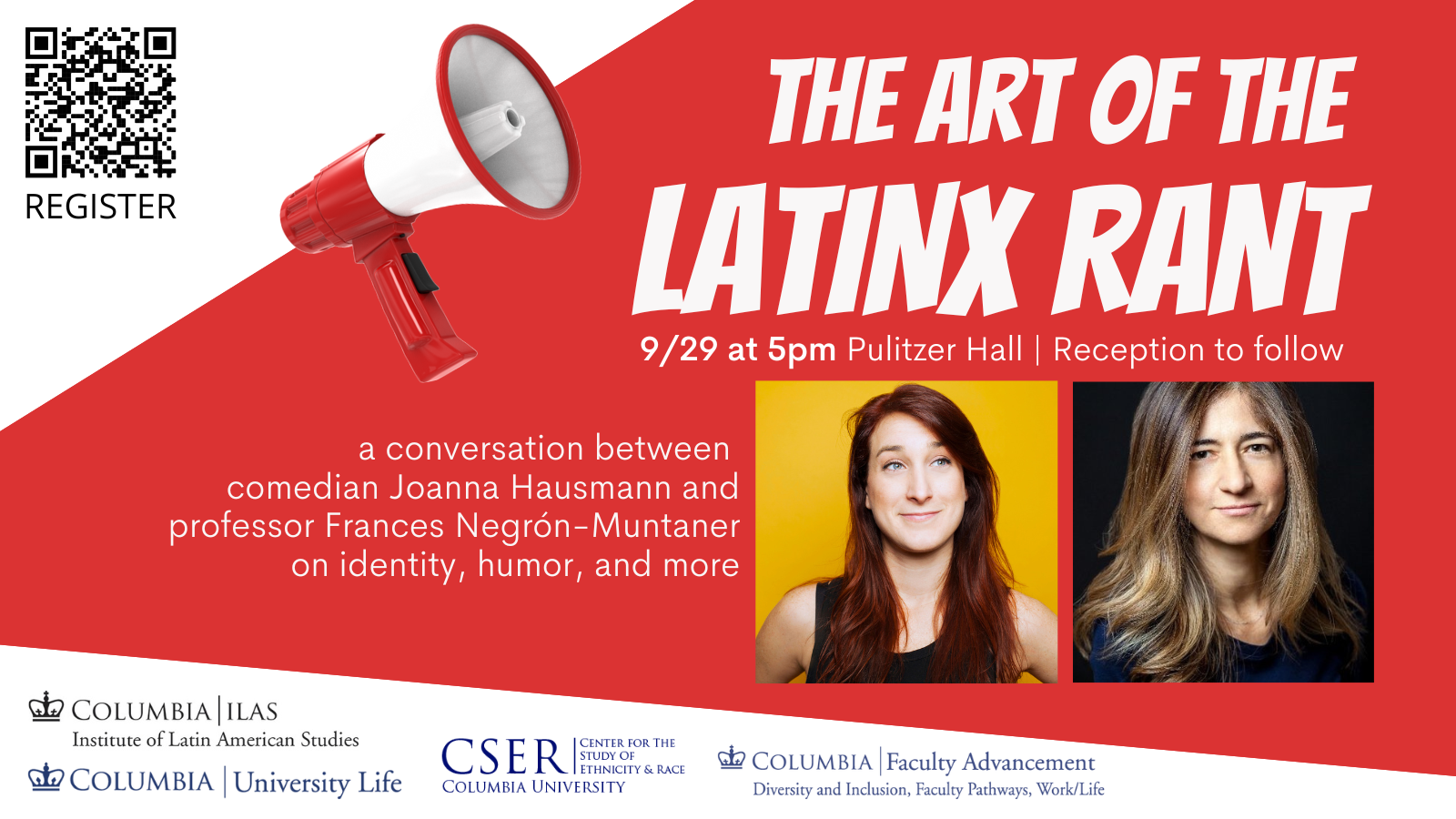 The Art of the Latinx Rant on red background, megaphone on left, images of speakers below