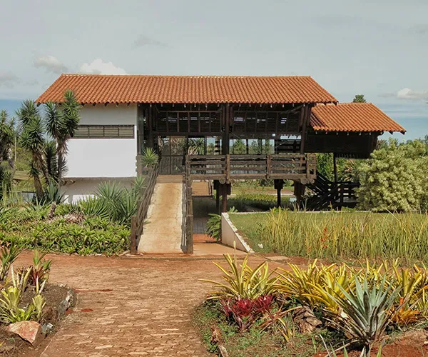 A thatched roof hut sits amid a cultivated garden filled with a wide variety of plants.