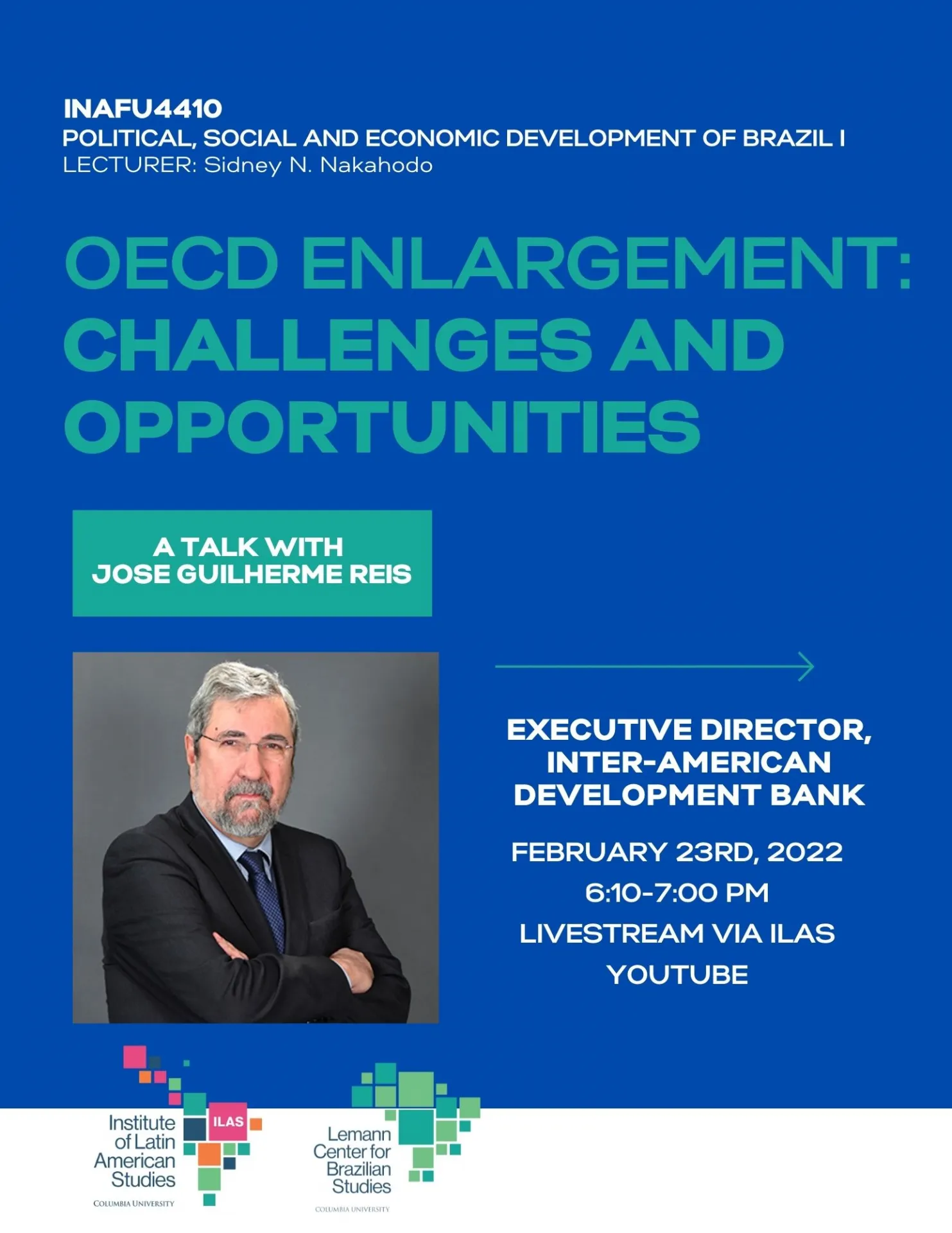 Event Title in Green font, blue background. image of Jose Guilherme Reis