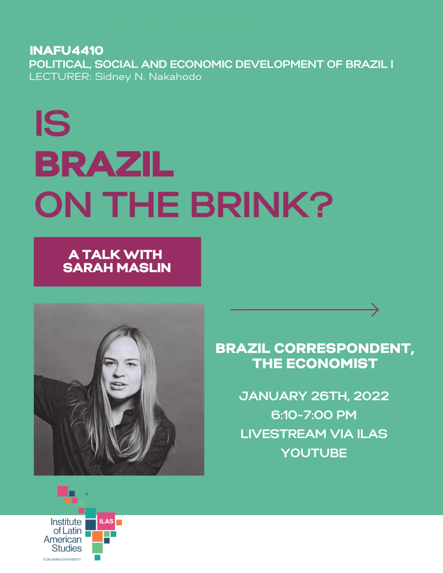 Image (center) of Sarah Maslin on teal background, title in purple letters
