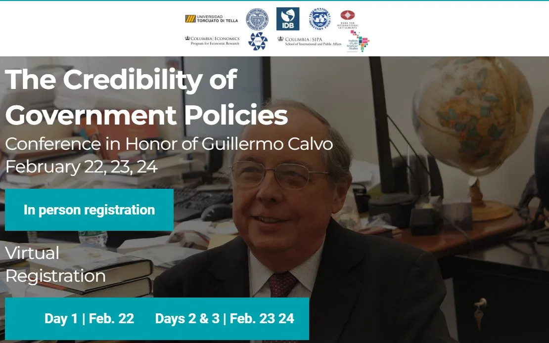 Event Poster: image of Guillermo Calvo with sponsoring institutions above 