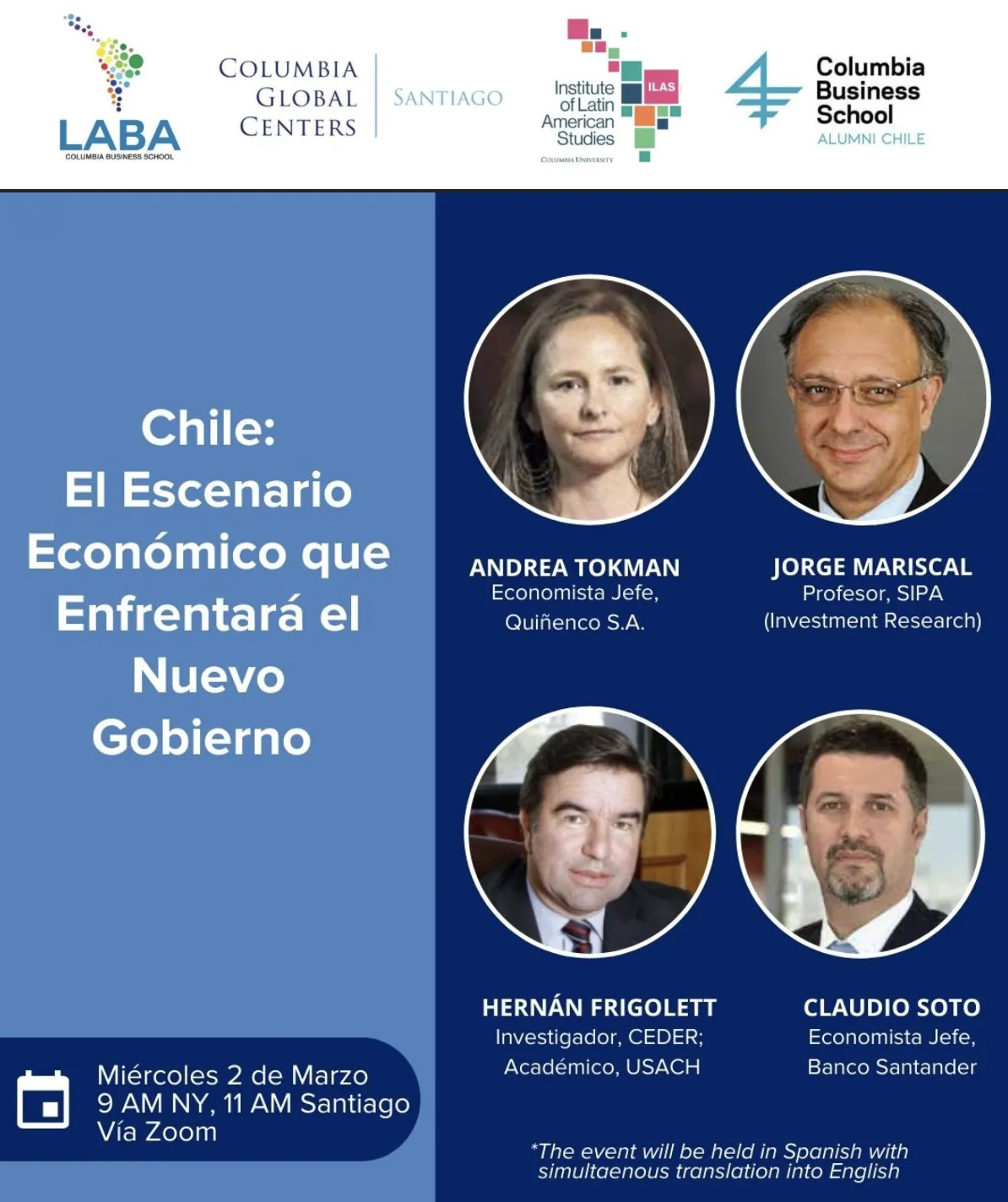 Event information on blue background, images of speakers