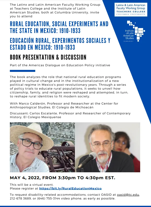 Flyer for the event featuring the title, event description available below and pictures of Marco Calderón and Carlos Escalante
