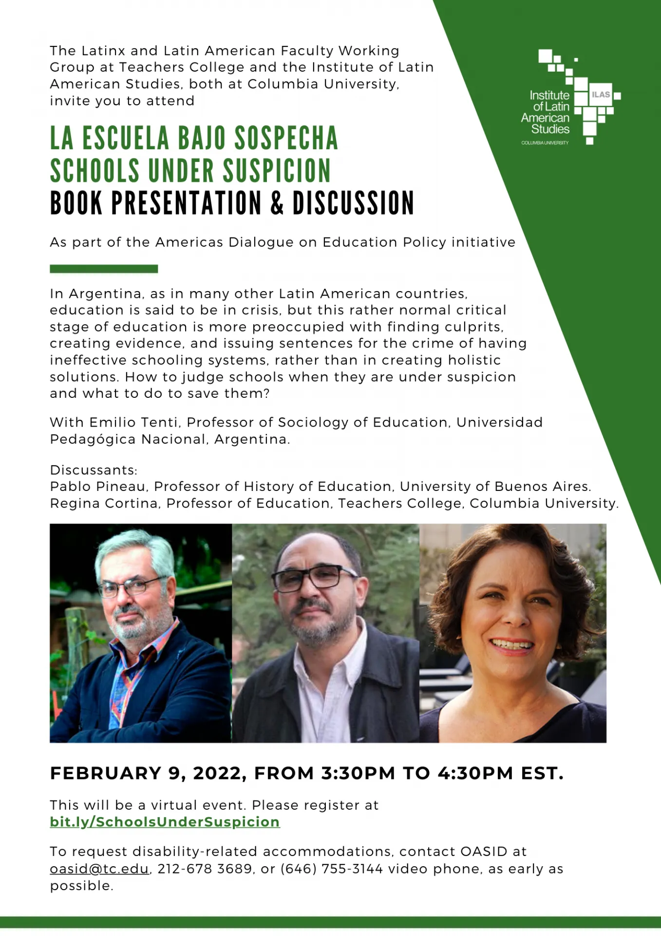 Event Title in green, white background; image of Emilio Tenti, Pablo Pineau, Regina Cortina (left to right)