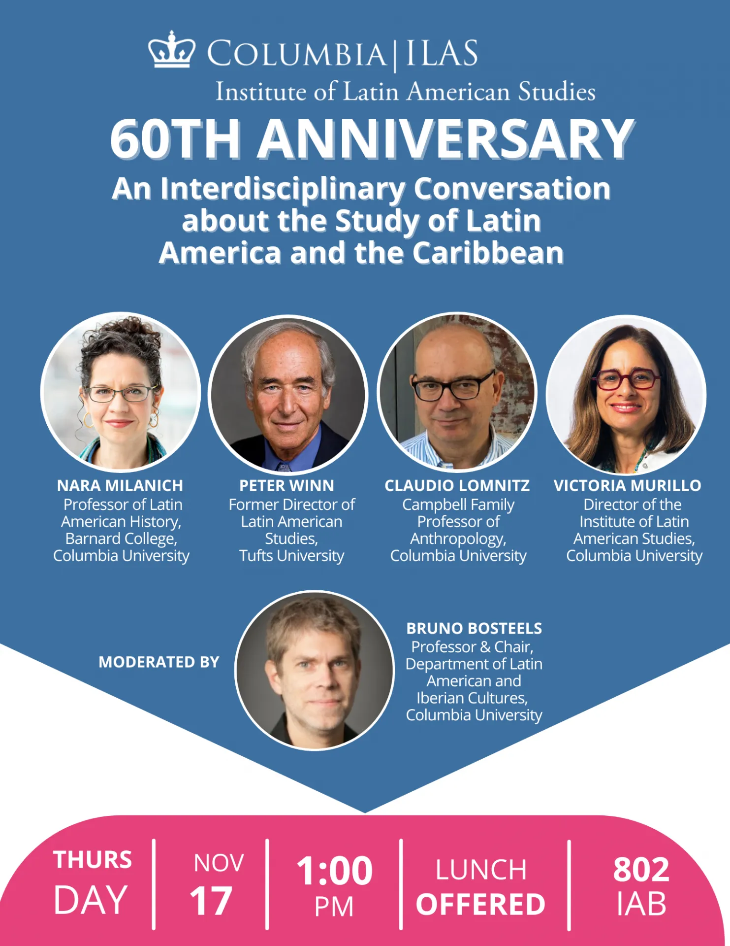Blue, Pink and White Flyer with Event Title and Speaker Headshots