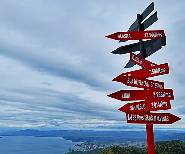 A road sign lists place locations from Alaska to the southernmost point in Argentina and the distances from the sign.