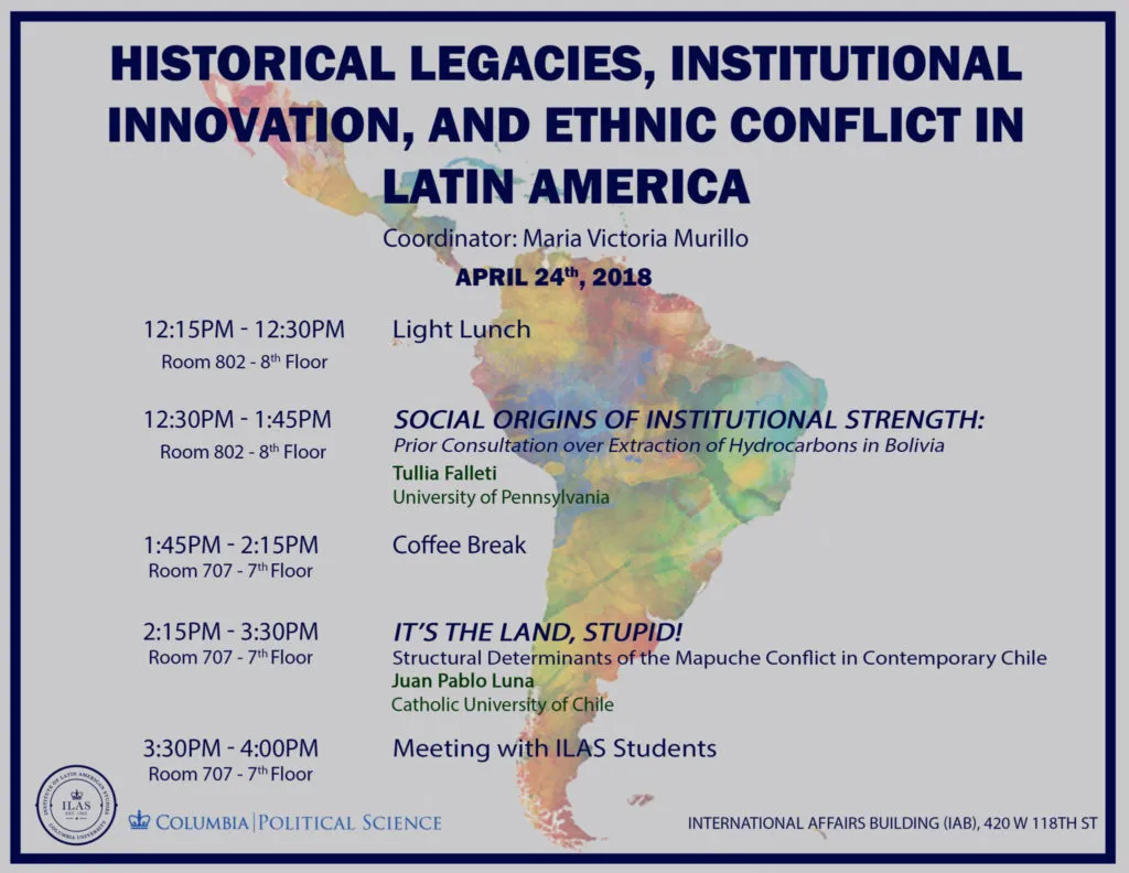 Multi colored map of South America with an overlay of navy blue text detailing the event's itienerary