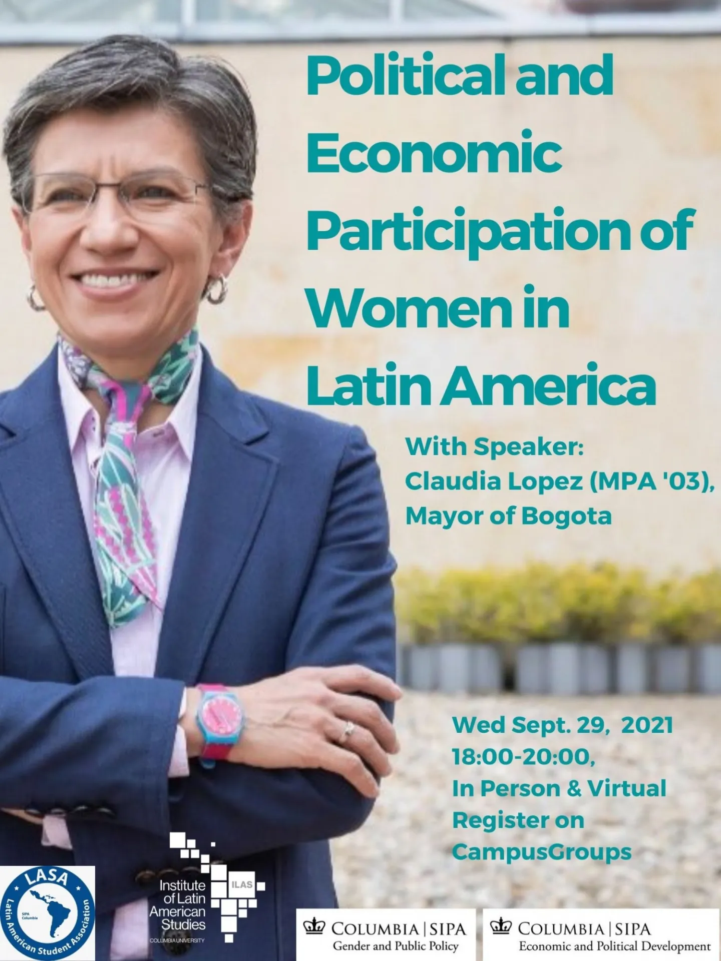Flyer for the event. Features a photo of Claudia Lopez