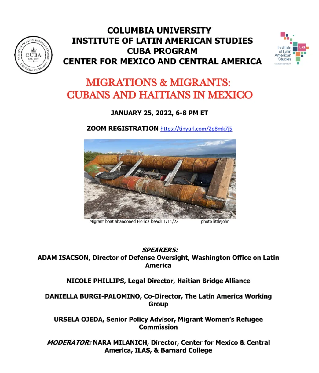 Event Title on White Background, center image of migrant boat in Florida