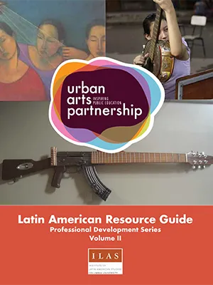 A collage of a child playing a string instrument, a painting, and a sculpture, with the words Urban Arts Partnership, Inspiring Public Education